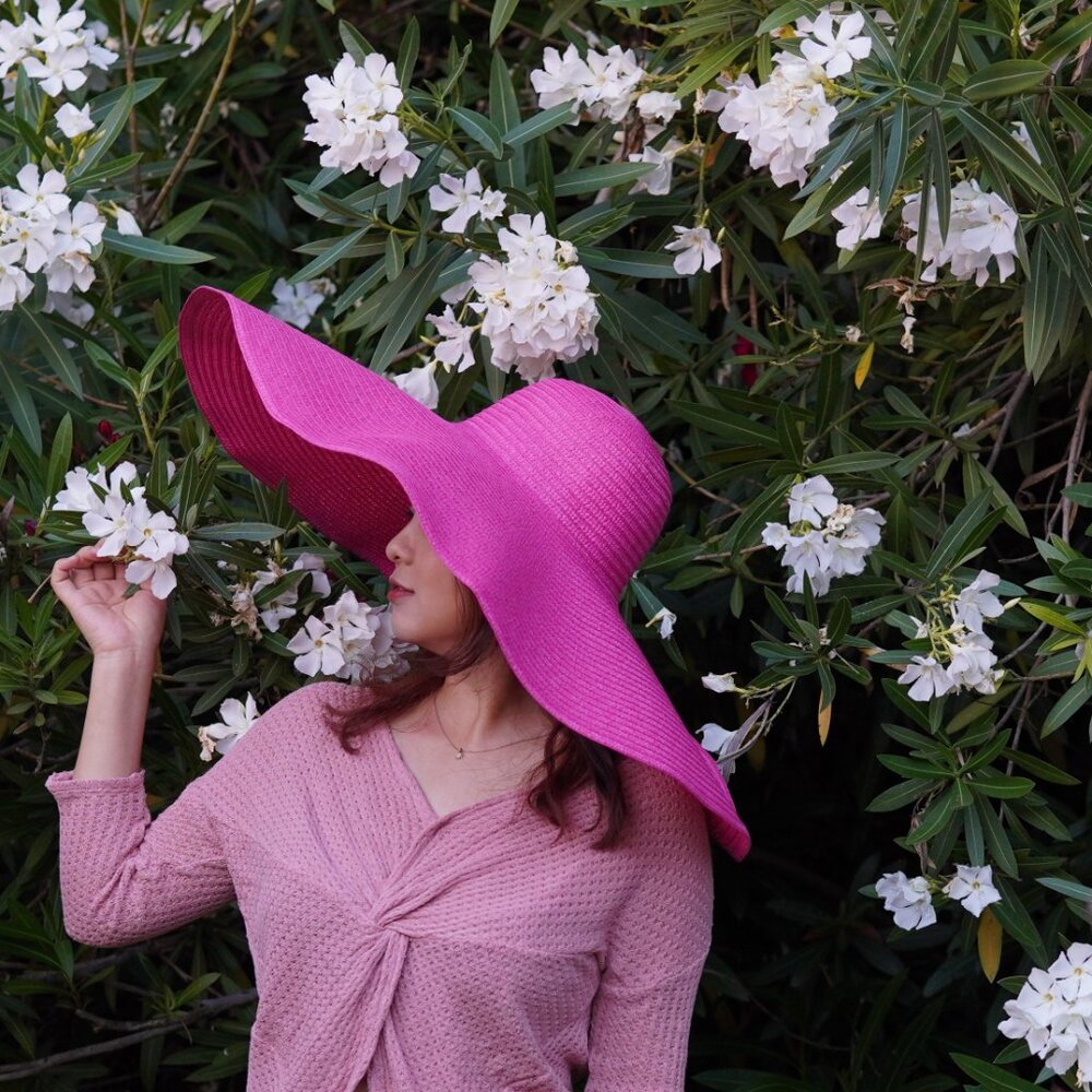 Fuchsia 10"W Wide Brim Wired Floppy Hat Straw Hat Hot Pink Packable